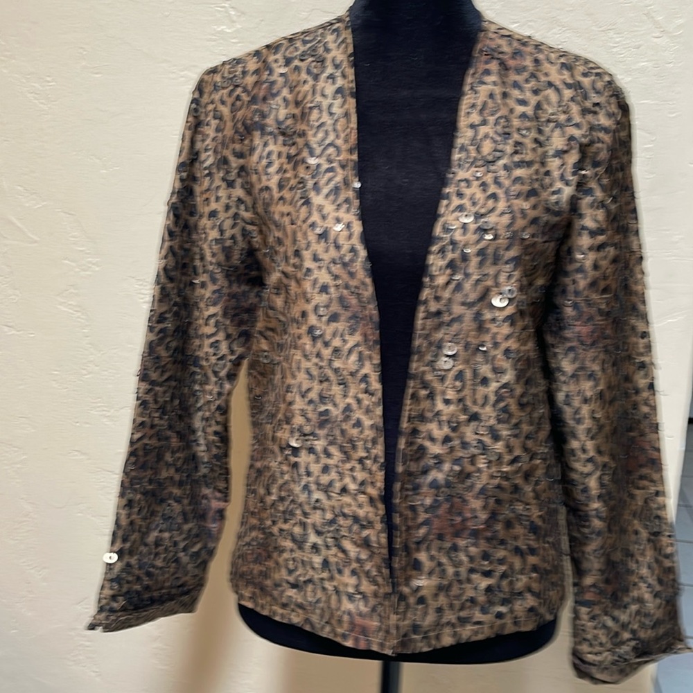 Chico's Silk Animal Print Jacket Women's  (3)Brown’s Black Open Front Grommets